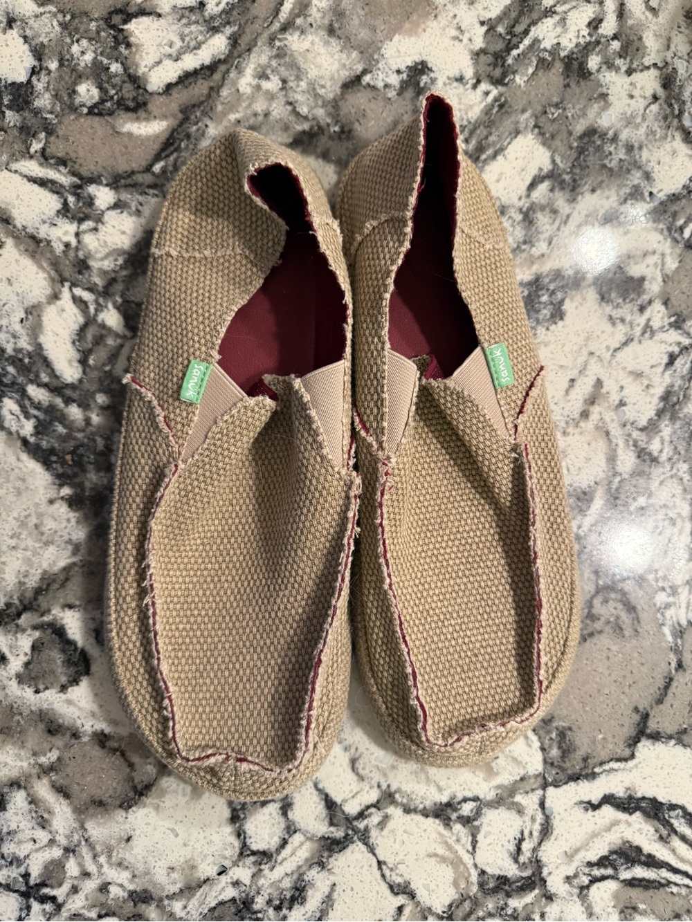 Sanuk Men's Slip-On Canvas Boat Shoes in Tan with Burgundy Lining